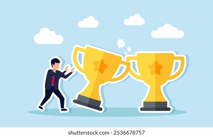 A businessman pushing a row of trophies until they fall and hit other trophies, illustration of poor business decisions leading to damaged or ruined business reputation