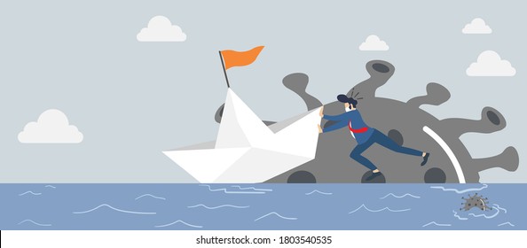 a businessman pushing a ship that is stranded on top of the coronavirus pathogen. Leadership to solve business and finance problem in Coronavirus COVID-19 crisis concept.