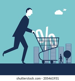 Businessman pushing a shopping cart with discount