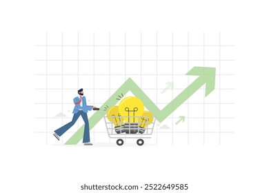 Businessman pushing a shopping cart with a graph growth illustration.