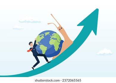 Empresario que empuja el lento descalabro con la tierra en el PBI creciente metáfora de la economía mundial, la desaceleración de la economía mundial, la caída o la lentitud del crecimiento del PBI mundial, la recesión o la desaceleración del crecimiento (Vector)