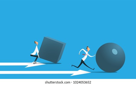 Businessman pushing sphere and leading the race against group other not so lucky guy pushing boxes. Concept of innovation in business, winning strategy, efficiency. Vector