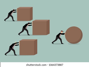 Businessman pushing a sphere leading the race against a group of businessmen pushing cubes. Business concept