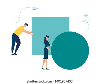 Businessman pushing sphere and leading the race against group other not so lucky guy pushing boxes. Concept of innovation in business, winning strategy, efficiency. Vector - Vector 