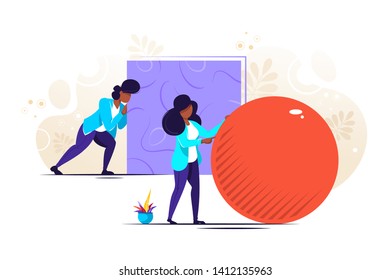 Businessman pushing sphere and leading the race against group other not so lucky guy pushing boxes. Concept of innovation in business, winning strategy, efficiency
