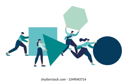 Businessman pushing sphere and leading the race against group other not so lucky guy pushing boxes. Concept of innovation in business, winning strategy,  vector