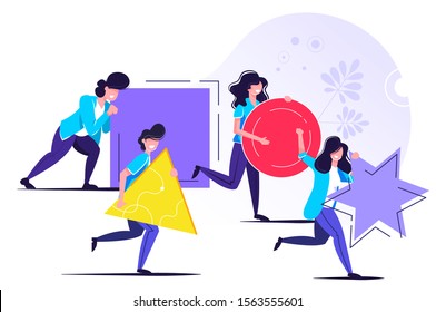 Businessman pushing sphere and leading the race against group other not so lucky guy pushing boxes. Concept of innovation in business, winning strategy, efficiency.