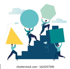 Businessman pushing sphere and leading the race against group other not so lucky guy pushing boxes. Concept of innovation in business, winning strategy, efficiency. Vector - Vector 