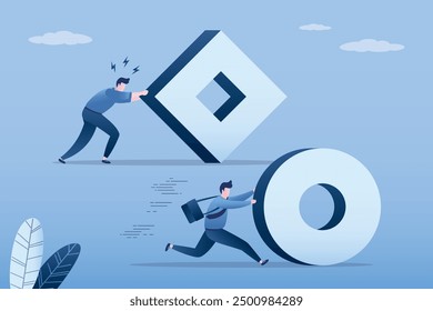 Businessman pushing sphere and leading the race against other man of slower pushing square box. Business competition. Winner and loser. Innovation and wisdom helping winning. flat vector illustration