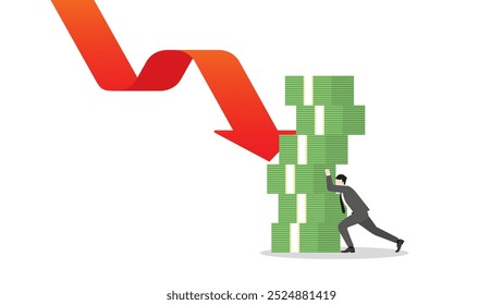 Um homem de negócios empurrando uma pilha de notas para resistir a uma seta vermelha para baixo. Crise financeira e recessão econômica. Um estilo mínimo de um efeito da inflação, recessão, falência, e fracasso financeiro.