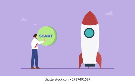 Businessman pushing start button to launch a rocket. Startup working enterprise, new business or launch start up company concept.
