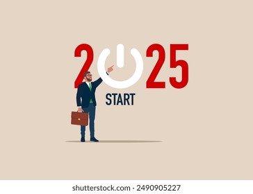 Businessman pushing start button to start up new business in 2025. Launch start up company in 2025, Improvement, change management. Flat modern vector illustration