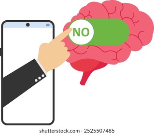 Businessman pushing start button to on up turn on brain to think. Flat vector illustration

