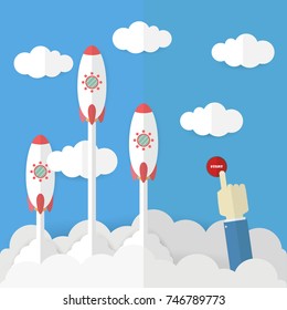 Businessman pushing the start button, Rocket launching to the sky. Business Startup and Development concept. vector illustration