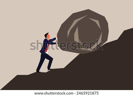 Businessman Pushing a Stone Uphill. Doing business and hard work concept vector