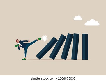 Businessman pushing tiny domino to make bigger one fall. Increase productivity, efficiency and improvement, easy way to win business success.