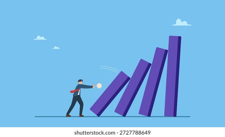 Businessman pushing tiny domino to make bigger one fall. Small tiny habits to change or increase productivity, efficiency or improvement, easy way to win business success or make a big impact.