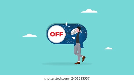 businessman pushing toggle switch off button slider bar vector illustration, day-night toggle button concept, day and nigh interface design, business operation concept illustration, off mode business