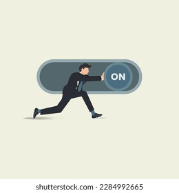 Businessman pushing toggle switch on button slider bar. Switch on mode vector illustration