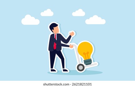 Businessman pushing a trolley carrying light bulbs illustration of receiving useful ideas for business development