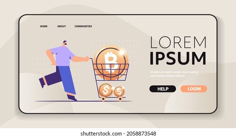 businessman pushing trolley cart with golden coins cryptocurrency mining virtual money digital currency