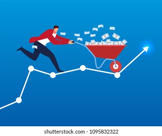 Businessman Pushing A Trolley Full Of Money To Fly On Bar Graph