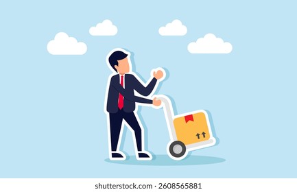 Businessman pushing a trolley with package boxes, illustration of business in the logistics sector