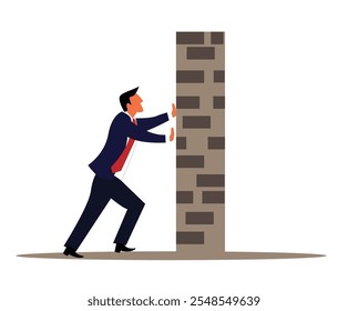 Businessman Pushing a Wall Isolated on White. Doing business, overcoming obstacles and difficulties vector art