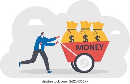 Businessman pushing wheelbarrow full of money bag, illustration vector cartoon

