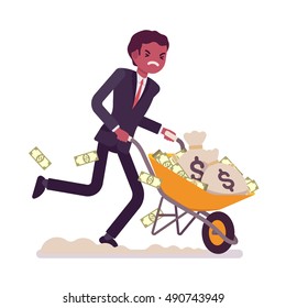 Businessman pushing a wheelbarrow full of money. Cartoon vector flat-style concept illustration