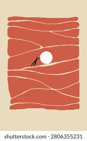 Businessman pushing a white ball up a steep hill, concept of struggle, hard work, perseverance, and challenge