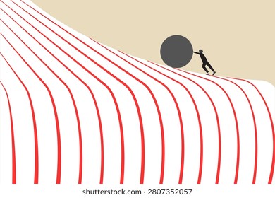 Businessman pushing a white ball up a steep hill, concept of struggle, hard work, perseverance, and challenge