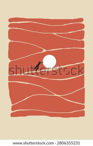 Businessman pushing a white ball up a steep hill, concept of struggle, hard work, perseverance, and challenge