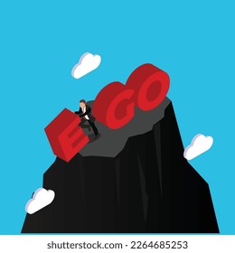 Businessman pushing the word e off the cliff and makes the word ego to word go 3d isometric vector illustration concept for banner, website, landing page, ads, flyer template