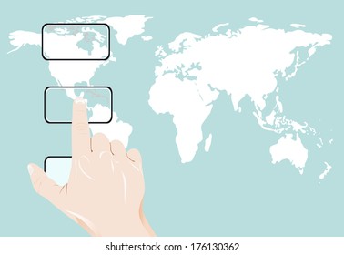 Businessman pushing World Map for Business and Technology Concept.