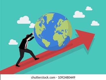 Businessman pushing the world on graph up. Business concept