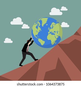 Businessman pushing the world uphill. Vector illustration