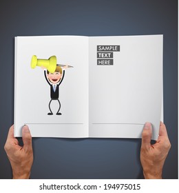 Businessman with pushpin printed on book over blue background