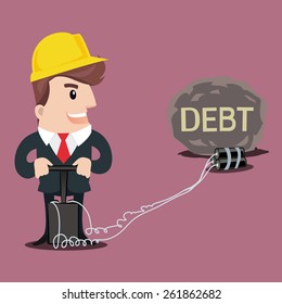 Businessman put a bomb to explode the heavy DEBT.-vector illustration.