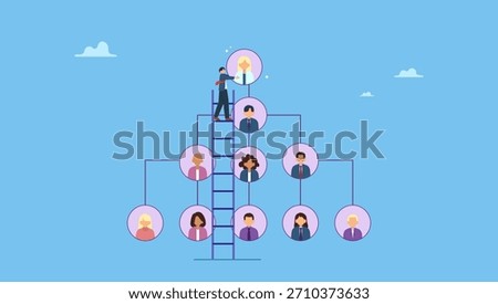 Businessman put CEO on org chart. CEO, company leader or executive position, organization chart, hierarchy or team structure, role and responsibility, supervisor, department or division.