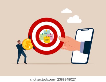 Businessman put coin on big dartboard target. Goal setting, purposeful objective. Subscribe online service and pay recurring price, membership payment to use software on content