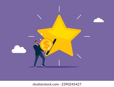 Businessman put coin on big star value. Price of product to make profit, development for more benefit. Flat vector illustration