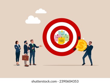 Businessman put coin on big dartboard target. The business improve and growth concept.