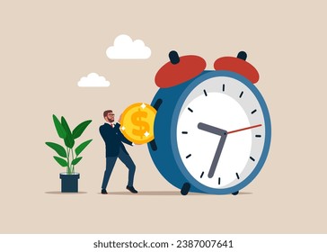 Empresario pone la moneda a punto. El valor del dinero aumenta con el tiempo.  Ilustración vectorial plana