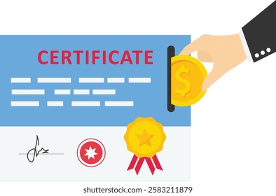 Businessman put coin on ertificate. Bought award paper. best graduate, cum laude. Corruption. Flat vector illustration

