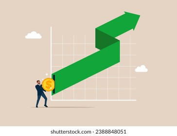 El hombre de negocios puso la moneda en la flecha verde al alza. Elevar los niveles de vida y los precios. Ilustración vectorial plana.