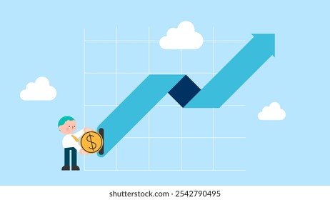 Businessman put coin on green arrow up value. Raising high standards of living and prices. Flat vector illustration.