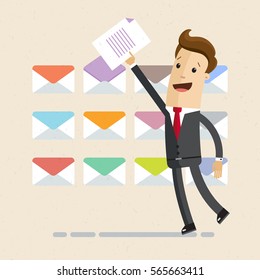 Businessman put document in one of different colored envelopes. Manager or employee folding and sorting documents or letters into folders. Vector, illustration, flat