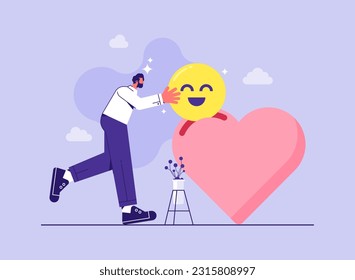 Businessman put emoticon smile in heart, giving a good mood concept, Help with mental problems, Motivation, positive thinking, mental health