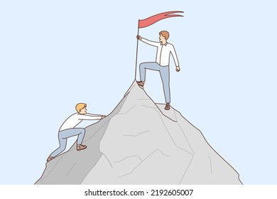 Businessman put flag on mountain peak reach top faster than rival. Male employee succeed in work accomplishment. Vector illustration. 